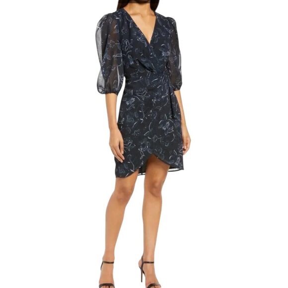 Halogen Navy Floral Wrap Dress, Sheer Puff Sleeves & Tulip Hem Women's Size M - Picture 1 of 10